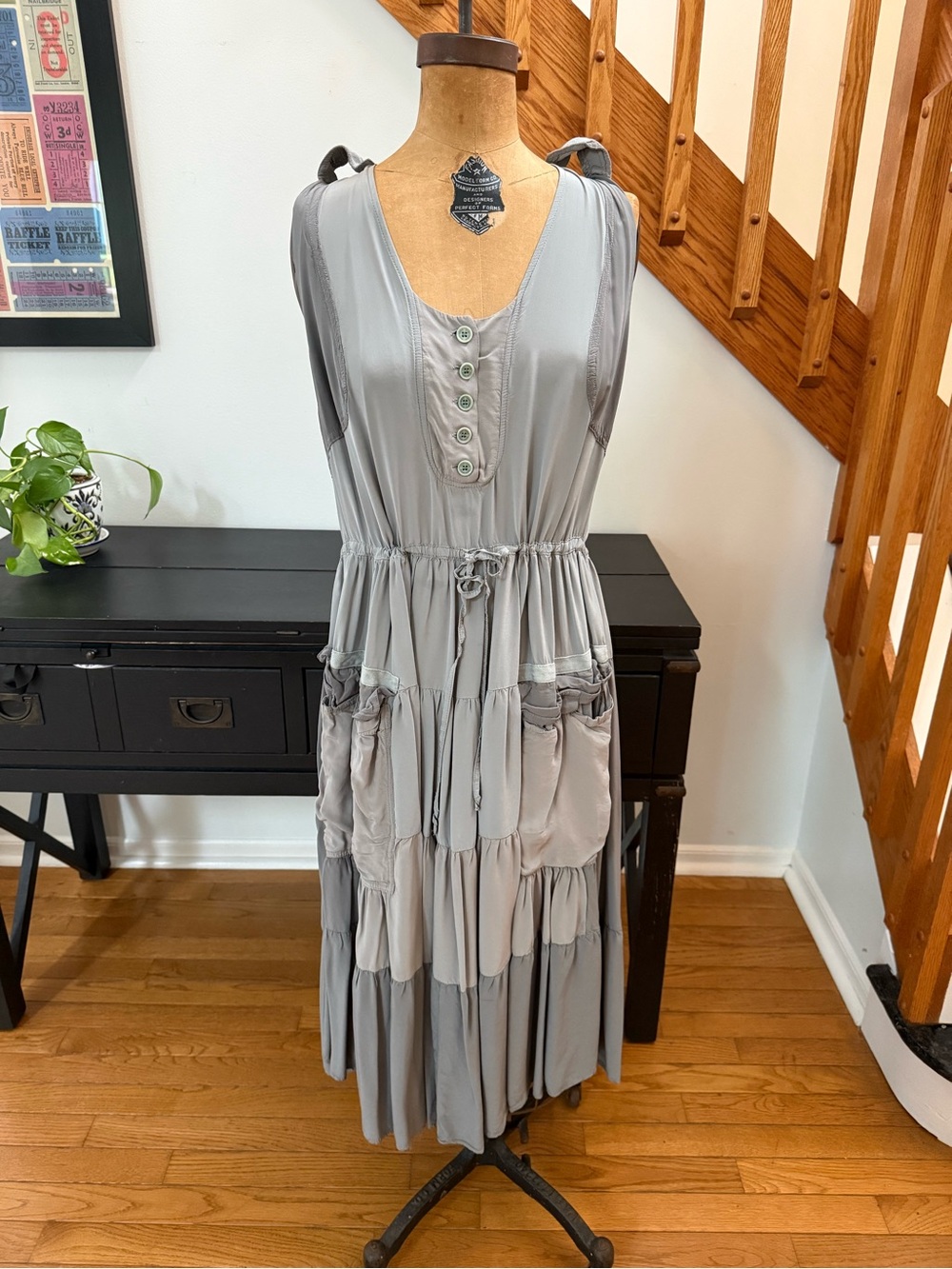 Zara Surplus Light Gray Tiered Midi Dress with Front Buttons